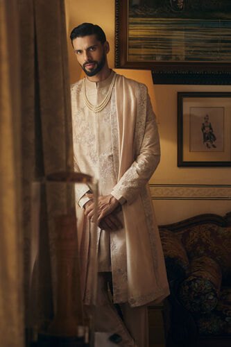 Avnendra Embroidered Silk Sherwani - Champagne, Champagne, image 4